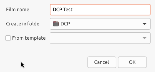 Dialogue box for creating a new film